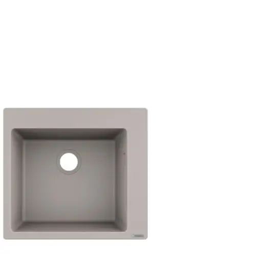 Einbauküchenspüle in Betongrau von Hansgrohe, quadratischer Form mit zentralem Ablaufloch und gerader Kante.